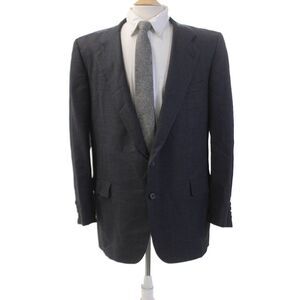 Hickey Freeman Mens Plaid Two Button Blazer Jacket Navy Blue Wool Size 44 Regula